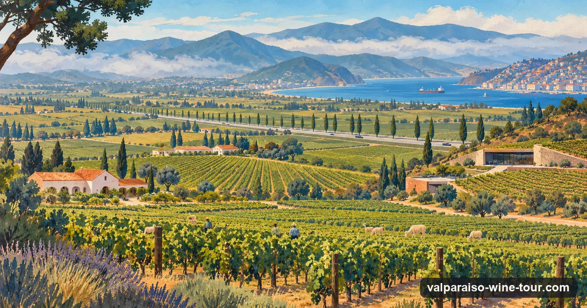 Illustration: a low winery building among vineyard rows in a green valley, coastal hills behind and a line of poplars along the road