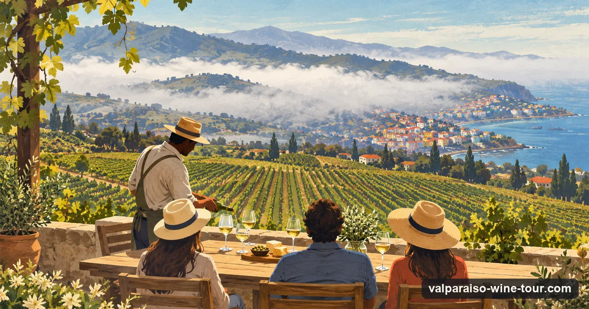 Illustration: a tasting table set with glasses of pale white wine on a terrace above vineyard rows, the coastal hills hazy with morning fog behind