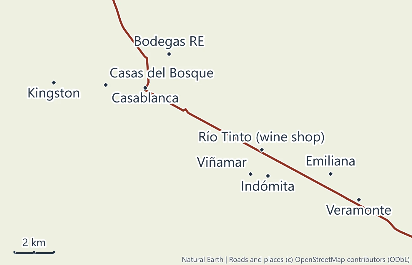Map of the Casablanca Valley along Ruta 68 showing Casas del Bosque, Kingston, Bodegas RE, the Río Tinto wine shop, Viñamar, Indómita, Emiliana and Veramonte around the town of Casablanca