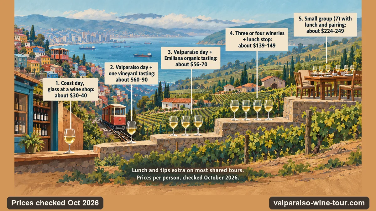 Infographic: a five-step price ladder for Casablanca wine tours from Santiago, from a wine-shop stop at about $30 to $40 to a small group with lunch at about $224 to $249 a person