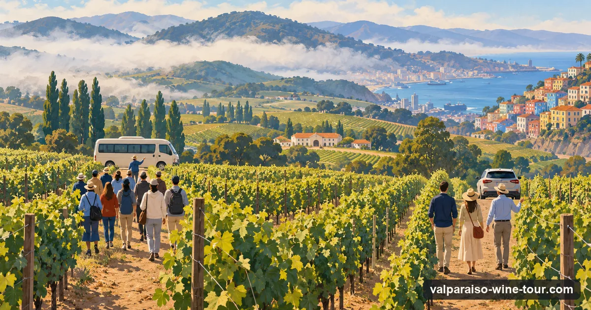 Illustration: a small group of wine tourists seen from behind walking between vineyard rows behind a guide, a single car parked at the end of the row