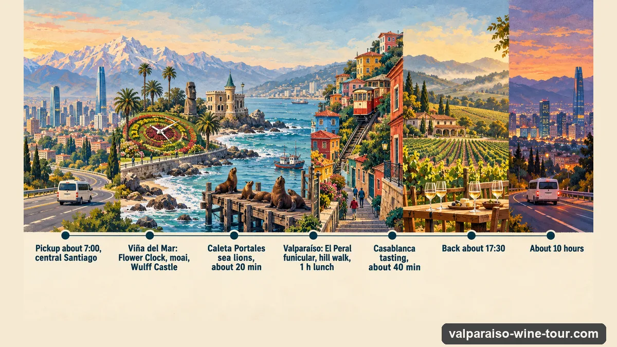 Infographic: a timeline of a Valparaíso and Casablanca day from Santiago, pickup about 7:00, Viña del Mar, Valparaíso's hills and lunch, a 40-minute Casablanca tasting, back about 17:30