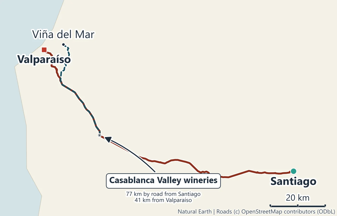 Map of the road from Santiago west to the Casablanca Valley and on to Valparaíso and Viña del Mar on the Pacific coast