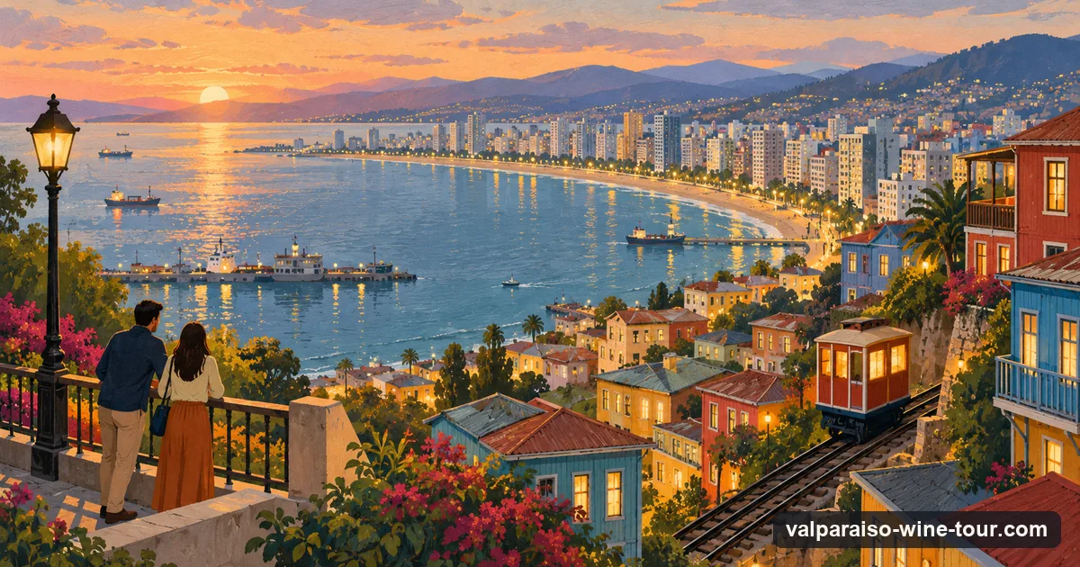 Illustration: brightly painted houses and a small funicular on a steep hillside above a port bay at dusk, with a curve of beach and tower blocks in the distance