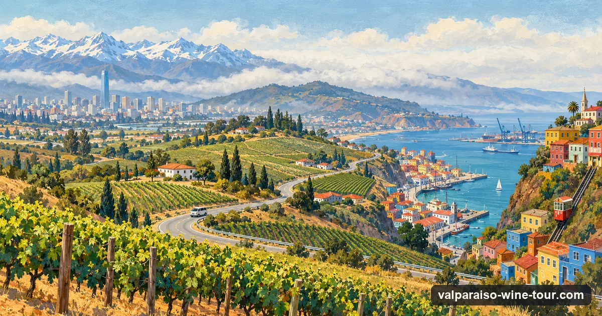 Illustration: a small tour van on a highway winding through vineyard hills between a city at the foot of the Andes on one side and a port city above the Pacific on the other
